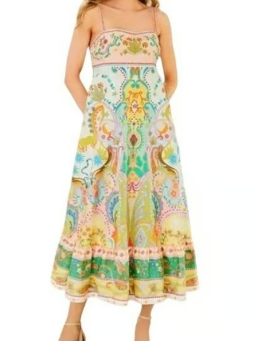 ANTONIO MELANI Pastel Multi-Color Printed Spaghetti Strap Midi Dress